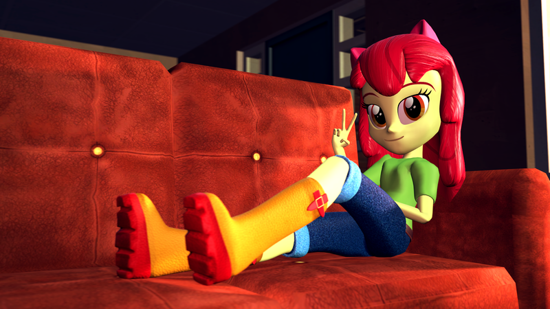 Size: 1920x1080 | Tagged: safe, artist:razethebeast, derpibooru import, apple bloom, equestria girls, 3d, adorabloom, boots, clothes, couch, cute, female, looking at you, pants, peace sign, raised leg, solo, source filmmaker