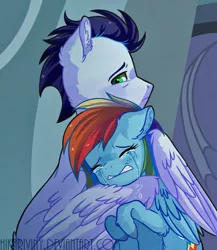 Size: 814x936 | Tagged: safe, artist:hikariviny, derpibooru import, rainbow dash, soarin', pegasus, pony, backwards cutie mark, comforting, crying, ear fluff, eyes closed, female, floppy ears, fluffy, hug, male, mare, miscarriage, sad, shipping, soarindash, stallion, story included, straight, wing fluff