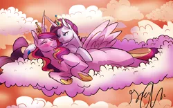 Size: 1280x800 | Tagged: safe, artist:shellielle, derpibooru import, princess cadance, rarity, alicorn, pony, unicorn, blushing, cloud, commission, crown, eyes closed, female, infidelity, jewelry, lesbian, looking at each other, mare, raridance, regalia, shipping, signature, smiling