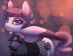 Size: 2849x2165 | Tagged: safe, artist:evehly, derpibooru import, inky rose, pegasus, pony, honest apple, abstract background, blushing, clothes, colored wings, colored wingtips, ear fluff, eyeshadow, female, goth, lidded eyes, looking at you, makeup, mare, solo, wing fluff
