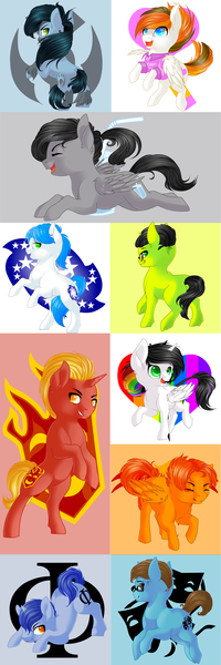 Size: 2834x8503 | Tagged: safe, artist:schokocream, derpibooru import, oc, oc:aeon of dreams, oc:antony c, oc:firebrand, oc:lightning bliss, oc:lily orchard, oc:lily peet, oc:mad munchkin, oc:thespio, unofficial characters only, alicorn, earth pony, pegasus, pony, unicorn, absurd resolution, aeon of dreams, analysis, analysis bronies, back, bhaalspawn, brony, colt, cutie mark, eyes closed, female, filly, galaxy, golden fox, happy, heart, josh scorcher, jumping, lightning bliss, lily orchard, lily peet, male, mare, open mouth, party, pose, rainbow, review, rose sievers