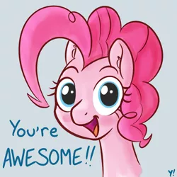 Size: 1280x1280 | Tagged: safe, artist:yakoshi, derpibooru import, pinkie pie, pony, blushing, bust, dialogue, looking at you, motivational, open mouth, portrait, positive ponies, simple background, smiling, solo