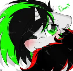 Size: 1600x1551 | Tagged: safe, artist:bl--blacklight, derpibooru import, oc, oc:litch, oc:ray scratch, unofficial characters only, pony, unicorn, biting, blushing, hair bite, one eye closed, ritch, watermark, wink