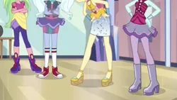 Size: 975x549 | Tagged: safe, derpibooru import, screencap, lemon zest, sour sweet, sugarcoat, sunny flare, dance magic, equestria girls, spoiler:eqg specials, boots, clothes, converse, cropped, crossed arms, crystal prep shadowbolts, hand on hip, heart, high heel boots, high heels, legs, pictures of legs, shoes, sneakers, socks, tutu, wristband