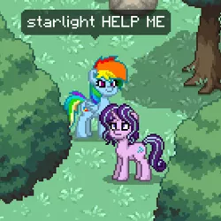 Size: 555x555 | Tagged: safe, derpibooru import, rainbow dash, starlight glimmer, pony, pony town, grass, pixel art, rock, speech bubble, text, tree