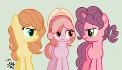 Size: 1024x591 | Tagged: safe, artist:jaythecatlover, derpibooru import, oc, oc:honeycrisp, oc:pink lady, oc:rome beauty, unofficial characters only, earth pony, pony, unicorn, base used, female, half-siblings, mare, offspring, parent:big macintosh, parent:cheerilee, parent:sugar belle, parents:cheerimac, parents:sugarmac, simple background