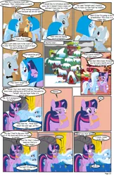 Size: 792x1224 | Tagged: safe, artist:dekomaru, derpibooru import, applejack, rainbow dash, trixie, twilight sparkle, oc, oc:iniduoh, pony, unicorn, comic:the greatest gift, clothes, comic, female, golden oaks library, lesbian, mare, saddle, scarf, shipping, tack, twixie