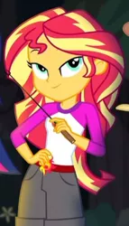 Size: 270x471 | Tagged: safe, derpibooru import, screencap, sci-twi, sunset shimmer, twilight sparkle, equestria girls, legend of everfree, camp everfree outfits, clothes, cropped, flower, lidded eyes, looking at you, offscreen character, shorts, solo, sun, tree