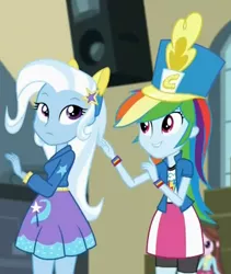 Size: 346x410 | Tagged: safe, derpibooru import, screencap, rainbow dash, trixie, velvet sky, equestria girls, friendship games, chs rally song, clothes, cropped, door, hat, jacket, pony ears, scarf, wondercolt ears, wristband