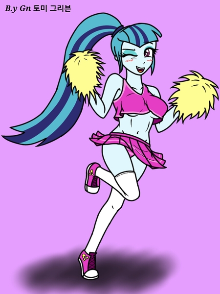 Size: 768x1024 | Tagged: suggestive, artist:ajrrhvk12, derpibooru import, sonata dusk, equestria girls, rainbow rocks, belly button, blushing, braless, breasts, cheerleader, clothes, converse, cute, female, midriff, miniskirt, one eye closed, panties, pink underwear, pleated skirt, pom pom, ponytail, shoes, skirt, skirt lift, smiling, sneakers, socks, solo, solo female, sports bra, striped underwear, thigh highs, thighs, underboob, underwear, upskirt, wink