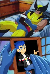 Size: 480x700 | Tagged: safe, artist:arthurcrane, derpibooru import, flash sentry, pony, equestria girls, bed, crossover, crossover shipping, exploitable meme, gay, male, marvel, meme, shipping, wolverine, x-men, x-men the animated series