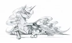 Size: 1500x895 | Tagged: safe, artist:baron engel, derpibooru import, apple bloom, princess luna, alicorn, earth pony, pony, comforting, female, filly, grayscale, mare, missing accessory, monochrome, pencil drawing, prone, sad, simple background, traditional art, white background, wing blanket