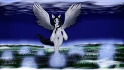 Size: 1920x1080 | Tagged: safe, artist:lestorest, derpibooru import, oc, oc:sanaris shadowrain, unofficial characters only, pegasus, pony, semi-anthro, belly button, solo, spread wings, wings