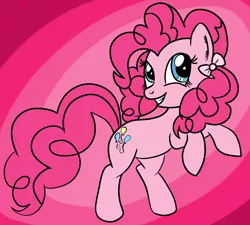 Size: 1600x1440 | Tagged: safe, artist:jennieoo, artist:trimara, derpibooru import, pinkie pie, pony, abstract background, bow, hair bow, pink, rearing, solo