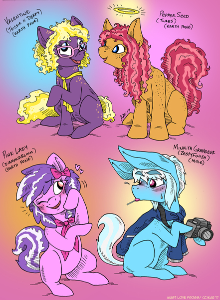 Size: 955x1300 | Tagged: safe, artist:kaemantis, deleted from derpibooru, derpibooru import, oc, oc:minolta grandeur, oc:pepper seed, oc:pink lady, oc:valentine, unofficial characters only, earth pony, pony, adopted offspring, camera, cute, derp, female, freckles, glasses, halo, heart, magical lesbian spawn, mare, next generation, ocbetes, offspring, parent:babs seed, parent:derpy hooves, parent:oc:trissie, parent:photo finish, parent:twist, parent:zesty gourmand, parents:babstwist, parents:canon x oc, parents:diamondbloom, parents:zestyfinish, smiling