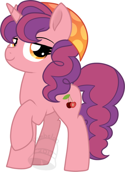 Size: 656x900 | Tagged: safe, artist:tambelon, derpibooru import, oc, oc:cherry pit, unofficial characters only, pony, unicorn, bandana, female, mare, offspring, parent:big macintosh, parent:sugar belle, parents:sugarmac, simple background, solo, transparent background, watermark