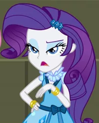 Size: 468x580 | Tagged: safe, derpibooru import, screencap, rarity, equestria girls, friendship games, bowtie, bracelet, cropped, jewelry, lidded eyes, school spirit, solo