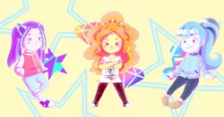 Size: 2000x1050 | Tagged: safe, artist:amazingpuffhair, derpibooru import, adagio dazzle, aria blaze, sonata dusk, equestria girls, rainbow rocks, abstract background, clothes, converse, crossed arms, jacket, looking at you, pants, shirt, shoes, smiling, the dazzlings, trio, younger