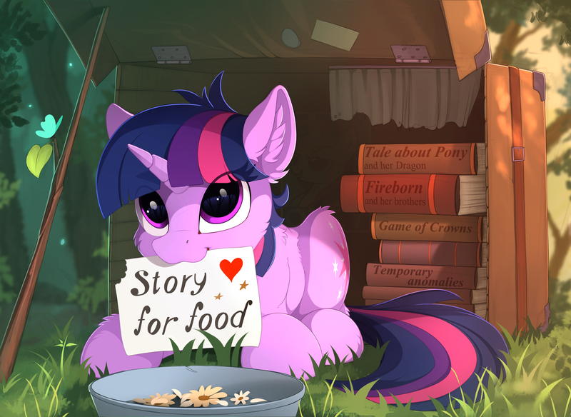 Size: 2350x1715 | Tagged: safe, artist:yakovlev-vad, derpibooru import, twilight sparkle, butterfly, pony, unicorn, :3, adorkable, book, cute, dork, ear fluff, female, game of thrones, heart, homeless, homeless twilight, mare, mouth hold, obey, poster, prone, sad, sign, snow white and the seven dwarfs, solo, suitcase, twiabetes, unicorn twilight, weapons-grade cute, will x for y
