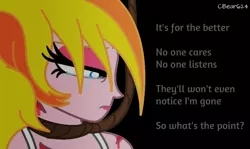 Size: 984x588 | Tagged: dead source, grimdark, artist:cbear624, derpibooru import, oc, oc:sinfonia krystal, unofficial characters only, pony, equestria girls, attempted suicide, crying, depressed, hanging (by neck), noose, solo, suicide, vent art
