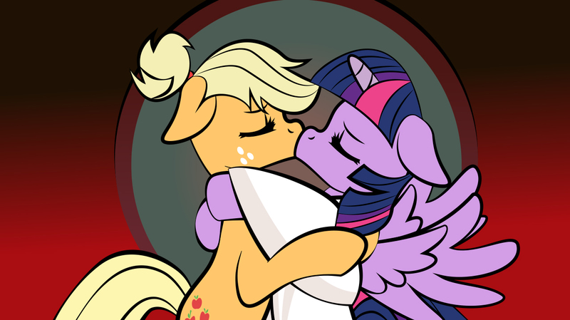 Size: 1278x717 | Tagged: safe, artist:dan232323, derpibooru import, applejack, twilight sparkle, twilight sparkle (alicorn), alicorn, pony, alternate hairstyle, ashi, clothes, crossover, eyes closed, female, floppy ears, jashi, kissing, lesbian, mare, samurai applejack, samurai jack, shipping, spoilers for another series, spread wings, twijack, voice actor joke, wingboner, wings