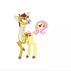 Size: 1403x1401 | Tagged: safe, artist:theunknowenone1, derpibooru import, clementine, fluttershy, girafarig, giraffe, pony, crossover, fusion, pokefied, pokémon, raised hoof, simple background, we have become one, what has science done, white background