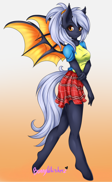 Size: 1024x1666 | Tagged: safe, artist:bunnywhiskerz, derpibooru import, oc, unofficial characters only, anthro, bat pony, unguligrade anthro, anthro oc, clothes, cute, female, gradient background, legs, moe, ocbetes, plaid, pleated skirt, skirt, solo