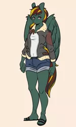 Size: 450x750 | Tagged: anthro, artist:blah-blah-turner, bomber jacket, clothes, derpibooru import, female, jacket, oc, oc:cannonball, pegasus, plantigrade anthro, reference, safe, sandals, shorts, simple background, solo, unofficial characters only