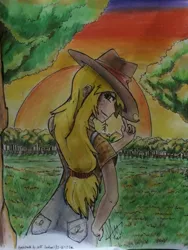Size: 774x1032 | Tagged: applejack, artist:skull272, clothes, derpibooru import, dungarees, forest, human, humanized, looking back, meadow, safe, shirt, solo, straw, sunset, traditional art, tree