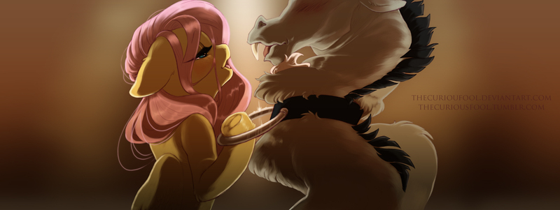 Size: 2108x794 | Tagged: questionable, artist:thecuriousfool, derpibooru import, discord, fluttershy, bedroom eyes, collar, discoshy, female, male, seductive, sexy, shipping, straight, underhoof