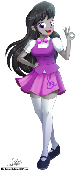 Size: 1004x2096 | Tagged: safe, artist:the-butch-x, derpibooru import, octavia melody, equestria girls, bowtie, clothes, commission, cute, female, hand on hip, long socks, looking at you, mary janes, open mouth, shoes, signature, simple background, skirt, smiling, socks, solo, thigh highs, thighs, transparent background, zettai ryouiki