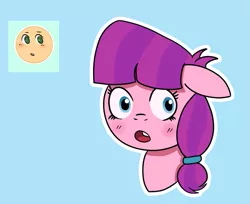 Size: 723x590 | Tagged: safe, artist:feralroku, derpibooru import, lily longsocks, pony, blue background, blushing, bust, expression, floppy ears, open mouth, simple background, solo