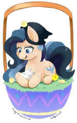 Size: 2611x4131 | Tagged: safe, artist:chirpy-chi, derpibooru import, oc, unofficial characters only, chicken, earth pony, pony, rabbit, absurd resolution, basket, chick, hat, pony in a basket, simple background, solo, transparent background