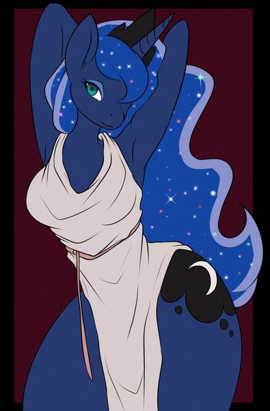 Size: 842x1280 | Tagged: anthro, arm behind head, armpits, artist:shadowraiser, breasts, clothes, derpibooru import, female, hips, looking at you, princess luna, solo, solo female, suggestive, tunic