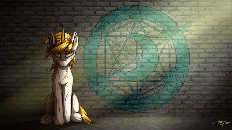 Size: 2464x1386 | Tagged: safe, artist:setharu, derpibooru import, oc, oc:goldenblood, unofficial characters only, pony, unicorn, fallout equestria, fallout equestria: project horizons, crepuscular rays, emblem, ministry of arcane sciences, ministry of awesome, ministry of image, ministry of morale, ministry of peace, ministry of wartime technology, scar, solo, symbols, wall