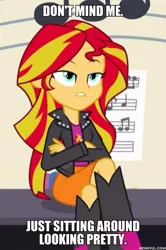 Size: 600x906 | Tagged: safe, derpibooru import, edit, edited screencap, screencap, sunset shimmer, equestria girls, rainbow rocks, annoyed, boots, clothes, cropped, crossed arms, female, high heel boots, image macro, jacket, leather jacket, meme, piano, solo, unamused