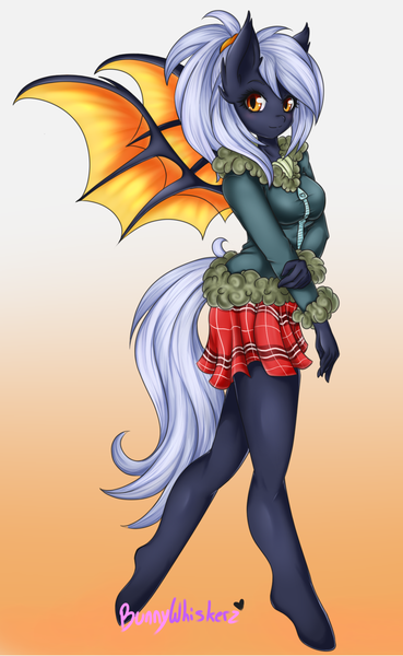 Size: 1024x1666 | Tagged: safe, artist:bunnywhiskerz, derpibooru import, oc, unofficial characters only, anthro, bat pony, unguligrade anthro, anthro oc, clothes, coat, cute, female, gradient background, moe, ocbetes, plaid, pleated skirt, skirt, solo