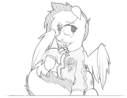 Size: 942x728 | Tagged: safe, artist:woonasart, derpibooru import, spitfire, pony, clothes, grayscale, hoodie, monochrome, ribbon, sketch, solo, wonderbolts