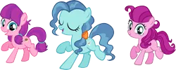 Size: 6309x2526 | Tagged: safe, artist:ironm17, derpibooru import, lily longsocks, petunia paleo, strawberry parchment, earth pony, pony, absurd resolution, bow, dancing, eyes closed, female, grin, group, hair bow, mare, simple background, singing, smiling, transparent background, trio, vector