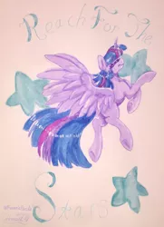 Size: 1607x2216 | Tagged: safe, artist:fanaticpanda, derpibooru import, twilight sparkle, twilight sparkle (alicorn), alicorn, pony, eyes closed, female, mare, signature, simple background, smiling, solo, stars, text, traditional art