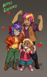 Size: 683x1133 | Tagged: artist:hazurasinner, cousins, derpibooru import, flexing, human, humanized, humanized oc, magical lesbian spawn, oc, oc:apple syrup, oc:bing cherry, oc:peppermint cookie, offspring, parent:apple bloom, parent:applejack, parent:big macintosh, parent:cheerilee, parent:rarity, parents:cheerimac, parents:rarijack, parents:tenderbloom, parent:tender taps, safe, unofficial characters only, watermark