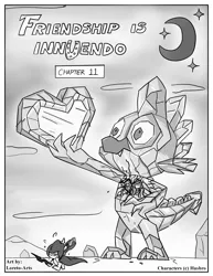 Size: 2550x3300 | Tagged: artist:loreto-arts, bloodstone scepter, changeling horn, cloak, clothes, comic, comic:friendship is innuendo, crystal heart, dent, derpibooru import, dragon, grayscale, high res, monochrome, safe, spike, spike statue, statue