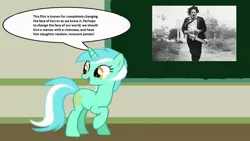 Size: 1280x720 | Tagged: safe, derpibooru import, lyra heartstrings, pony, horror, human studies101 with lyra, leatherface, meme, solo, speech bubble, the texas chainsaw massacre