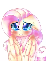 Size: 1536x2048 | Tagged: safe, artist:silviasilvar, derpibooru import, fluttershy, pegasus, pony, bust, colored pupils, crying, cute, female, floppy ears, mare, portrait, sad, sadorable, shyabetes, simple background, solo, teary eyes