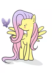 Size: 2480x3508 | Tagged: safe, artist:teopaca, derpibooru import, fluttershy, butterfly, pony, blush sticker, blushing, dot eyes, head turn, looking at something, simple background, solo, spread wings, standing, white background, wings