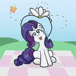 Size: 1024x1024 | Tagged: safe, artist:yoshimarsart, derpibooru import, rarity, butterfly, pony, hat, sitting, solo, watermark