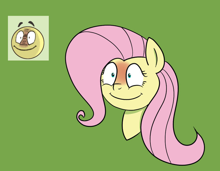 Size: 1082x842 | Tagged: safe, artist:feralroku, derpibooru import, fluttershy, pony, blushing, bust, expression, green background, simple background, smiling, solo