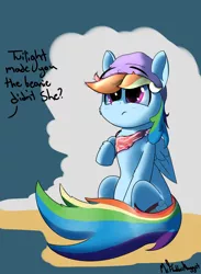 Size: 1900x2600 | Tagged: safe, artist:a8f12, derpibooru import, rainbow dash, pony, bandana, beanie, blue coat, blushing, dialogue, hat, implied twilight sparkle, magenta eyes, offscreen character, rainbow tail, sitting, solo, wings