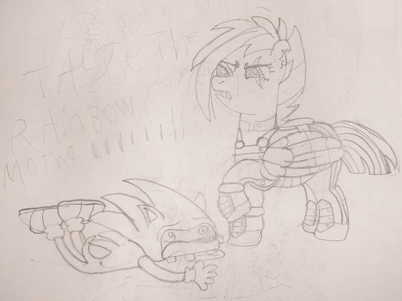 Size: 2000x1500 | Tagged: safe, artist:mrtheamazingdude, artist:mtad2, derpibooru import, rainbow dash, pony, alternate timeline, apocalypse dash, crossover, crystal war timeline, monochrome, nostalgia critic, sonic drama, sonic the hedgehog, sonic the hedgehog (series), sonic.exe, taste the rainbow