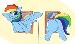 Size: 1280x764 | Tagged: suggestive, artist:graphenescloset, derpibooru import, rainbow dash, pegasus, pony, adorafatty, blushing, buttstuck, chubby, dock, fat, female, mare, need to go on a diet, need to lose weight, one eye closed, open mouth, plot, rainblob dash, rainbutt dash, solo, stuck, the ass is monstrously oversized for tight entrance, the ass was fat, the ass was too fat, too fat to fit, too fat to get through, underhoof, window